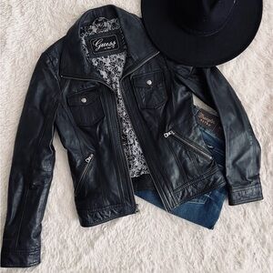 Guess black leather moto jacket Small